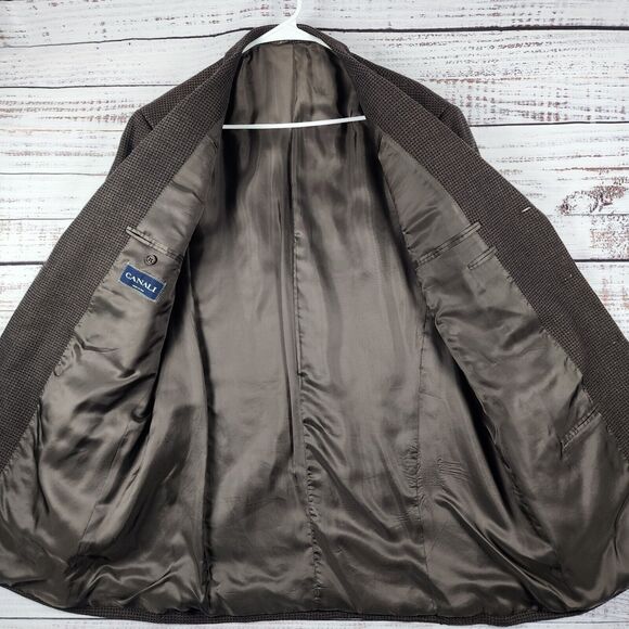 CANALI Wool 46L (us) 56 (Eu) Dark Brown Check Sport Coat Blazer Jacket long - Picture 3 of 9